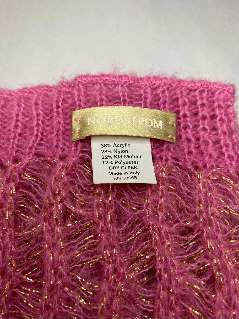 Nordstrom Made in Italy Pink Kid Mohair Metallic Open Knit Scarf 82”